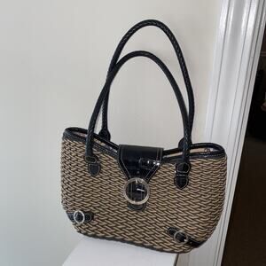 BRIGHTON Woven Black Tan Straw Basket Brown Leather Straps Shoulder Bag Purse